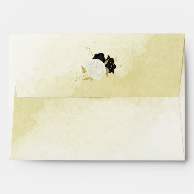 black white flowers gold leaves wedding envelope (Back (Top Flap))