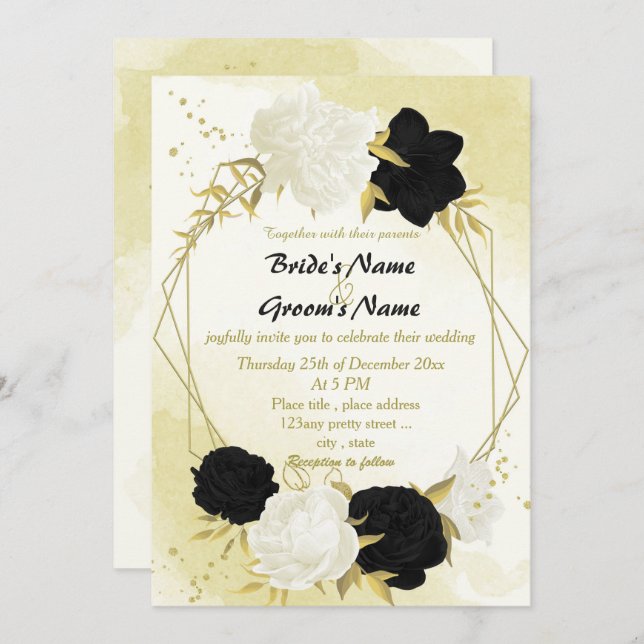 black white flowers gold leaves wedding invitation (Front/Back)