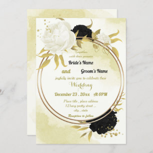 black white flowers gold leaves wedding invitation