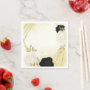 black white flowers gold leaves wedding napkin