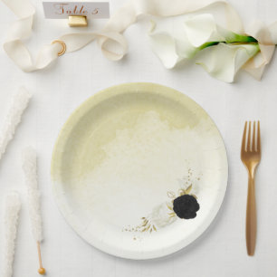 black white flowers gold leaves wedding paper plate