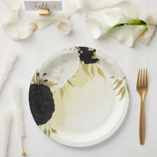 black white flowers gold leaves wedding paper plate
