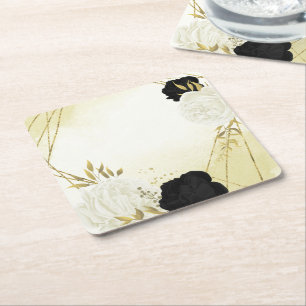 black white flowers gold leaves wedding square paper coaster
