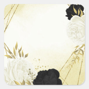 black white flowers gold leaves wedding square sticker