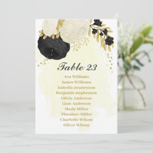 black & white flowers gold seating chart card