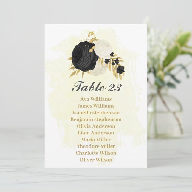 black & white flowers gold seating chart card (Standing Front)