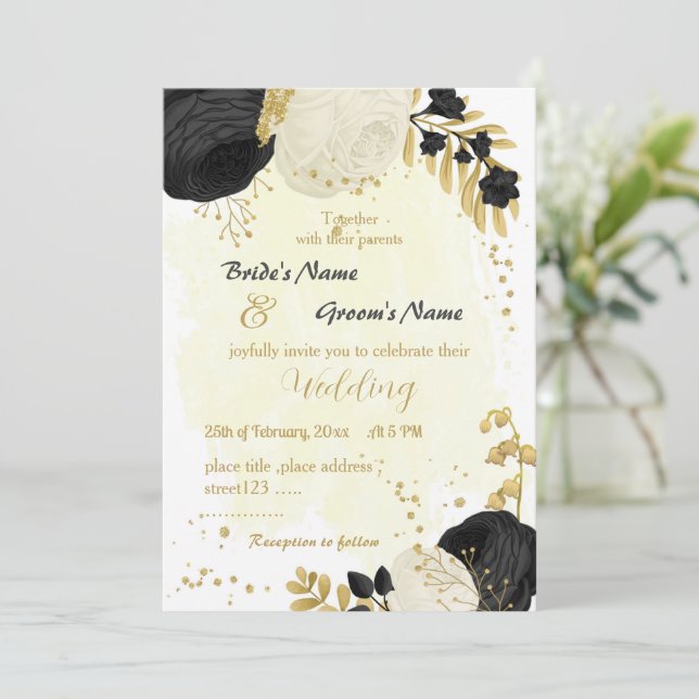 black & white flowers gold wedding invitation (Standing Front)