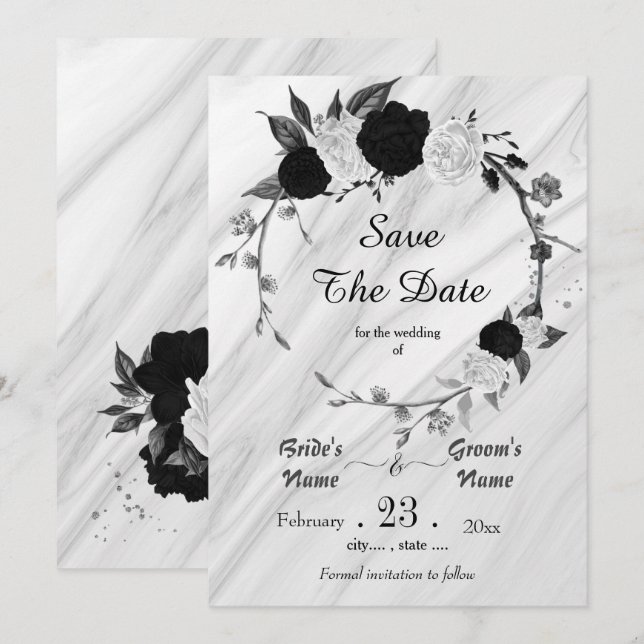 black white flowers grey leaves botanical wreath save the date (Front/Back)