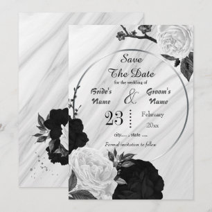 black white flowers grey leaves geometric marble  save the date