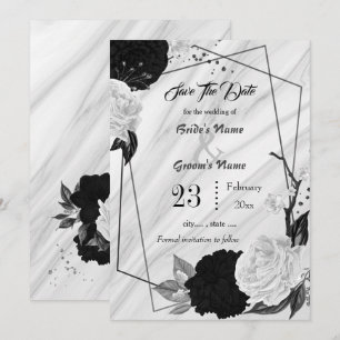 black white flowers grey leaves geometric marble save the date