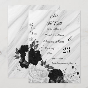 black white flowers grey leaves marble save the date