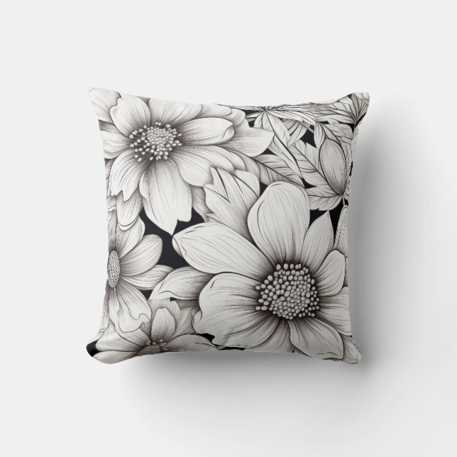 Black White Flowers Line Art Hand Drawn Cushion (Front)