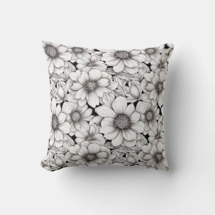 Black White Flowers Neutral Garden Botanical Cushion