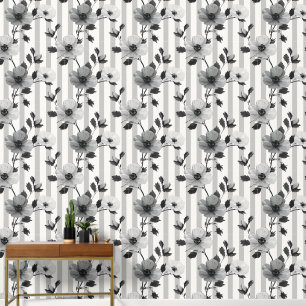 Black & White Flowers On Vertical Lines Pattern Wallpaper
