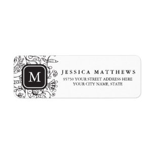 Black & White Flowers Personalised Monogram Label Return Address Label