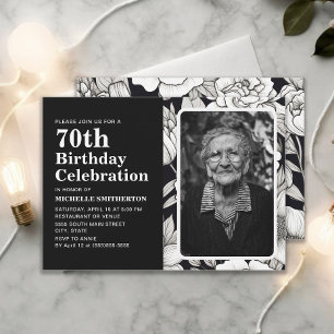 Black White Flowers Photo 70th Birthday  Invitation