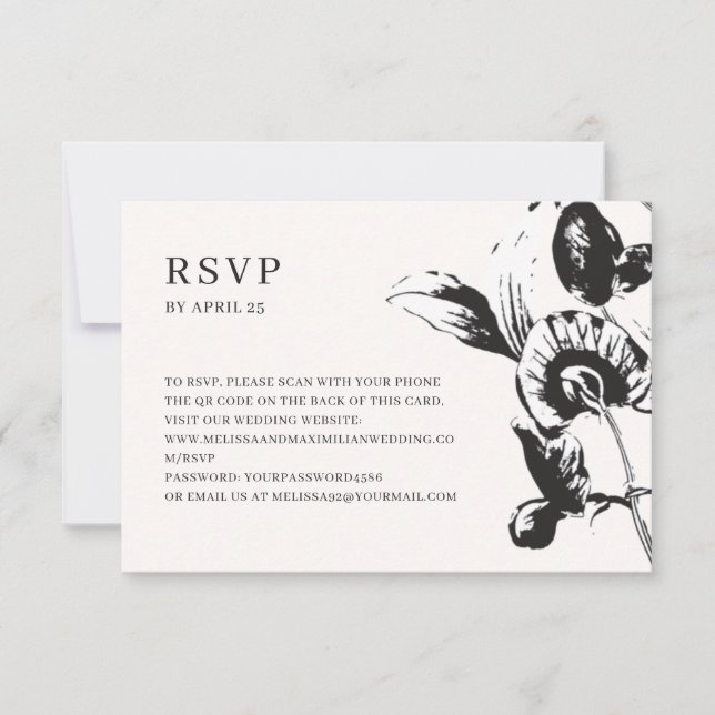 Black & white flowers QR code online wedding RSVP  Card (Front)