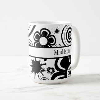 Black & White Flowers, Rings, Splashes Pattern Coffee Mug