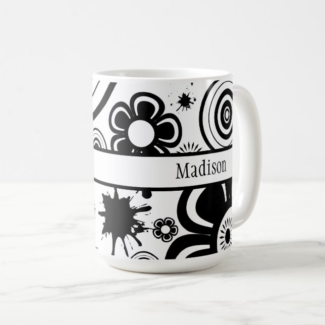 Black & White Flowers, Rings, Splashes Pattern Coffee Mug (Front Right)