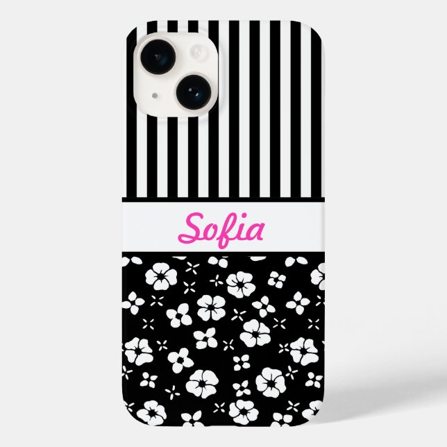 Black/White Flowers/Stripes Monogrammed Case-Mate iPhone Case (Back)