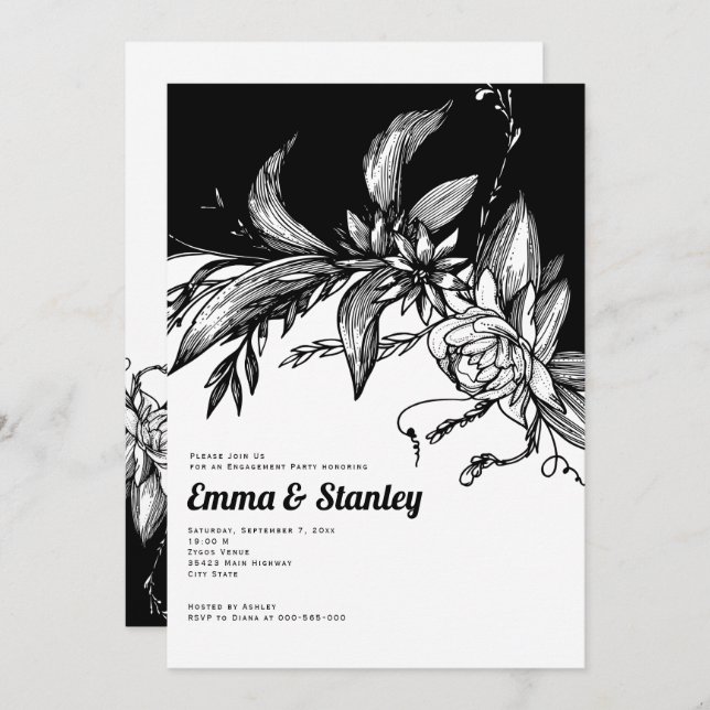 Black, white flowers , typography engagement party invitation (Front/Back)