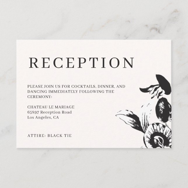 Black & White flowers wedding reception info Enclosure Card (Front)