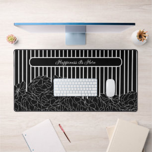 Black & White Flowers with Stripes Custom Text Desk Mat