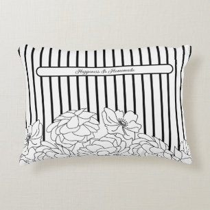 Black & White Flowers with Stripes Decorative Cushion