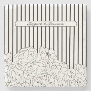 Black & White Flowers with Stripes Stone Coaster
