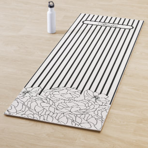 Black & White Flowers with Stripes Yoga Mat