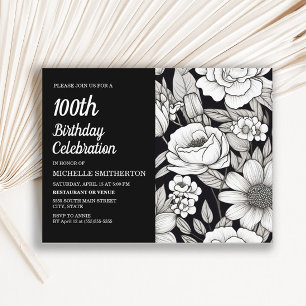 Black White Flowers Women's 100th Birthday Invitation Postcard