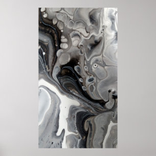 Black White Fluid Marble Abstract Grey Silver Poster