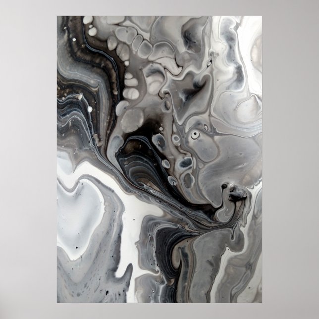 Black White Fluid Marble Abstract Grey Silver Poster (Front)