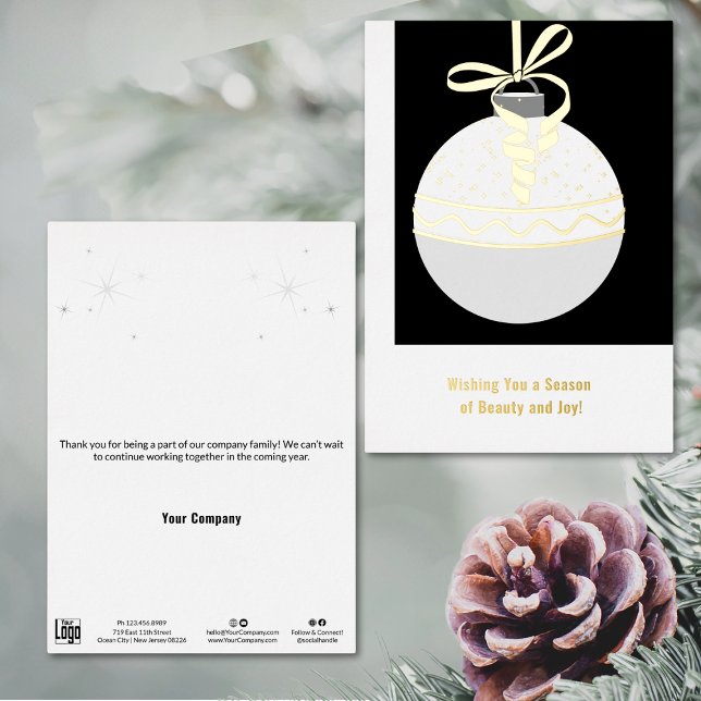 Black & White Foil Accents Business Holiday Card (Black & White Foil Accents Business Holiday Card, Christmas Tree Bauble, Company Details)