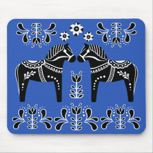 Black/white Folk Dala horse/Folk Friesian Mouse Pad