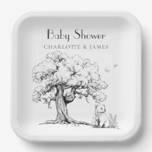 Black & White Forest Bear Baby Shower Paper Plate