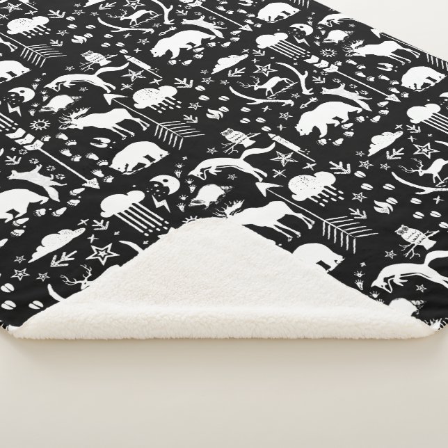 Black White Forest Nursery Animal Tracks Pattern Sherpa Blanket (3/4)