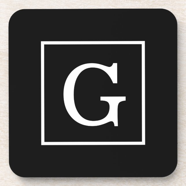 Black White Framed Initial Monogram Coaster (Front)