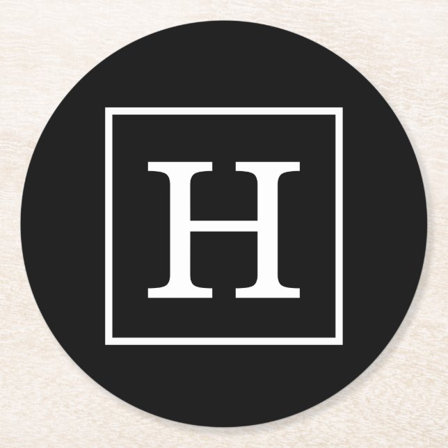 Black White Framed Initial Monogram Round Paper Coaster (Front)