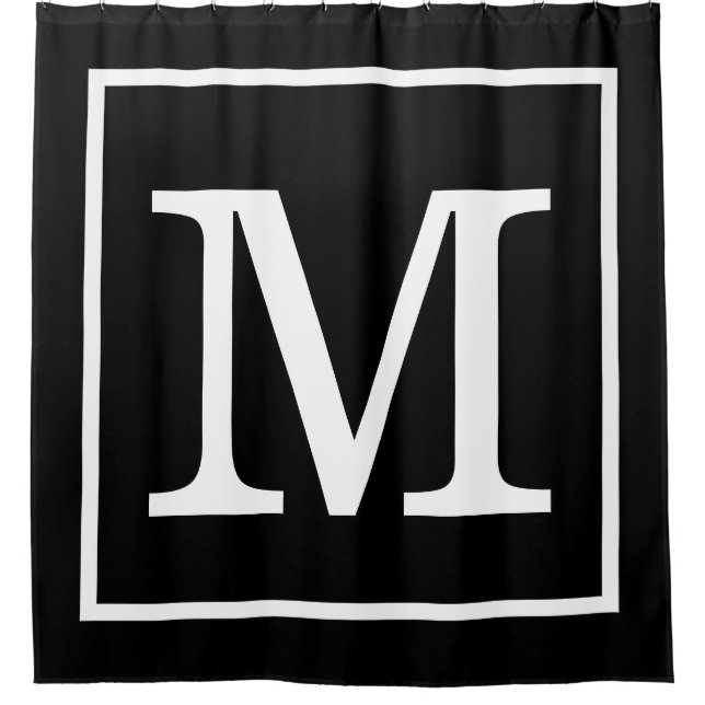 Black White Framed XL Initial Monogram Shower Curtain (Front)
