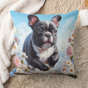 Black & White French Bulldog & Flowers Cushion