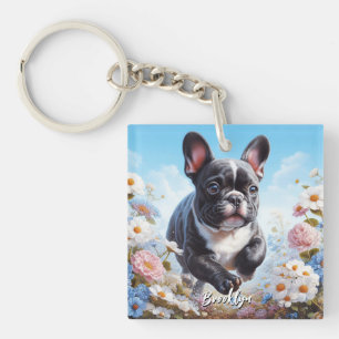 Black & White French Bulldog & Flowers Key Ring
