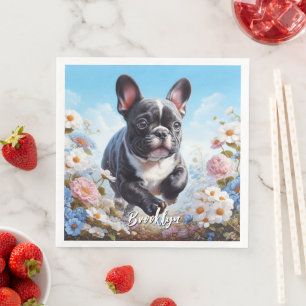 Black & White French Bulldog & Flowers Napkin