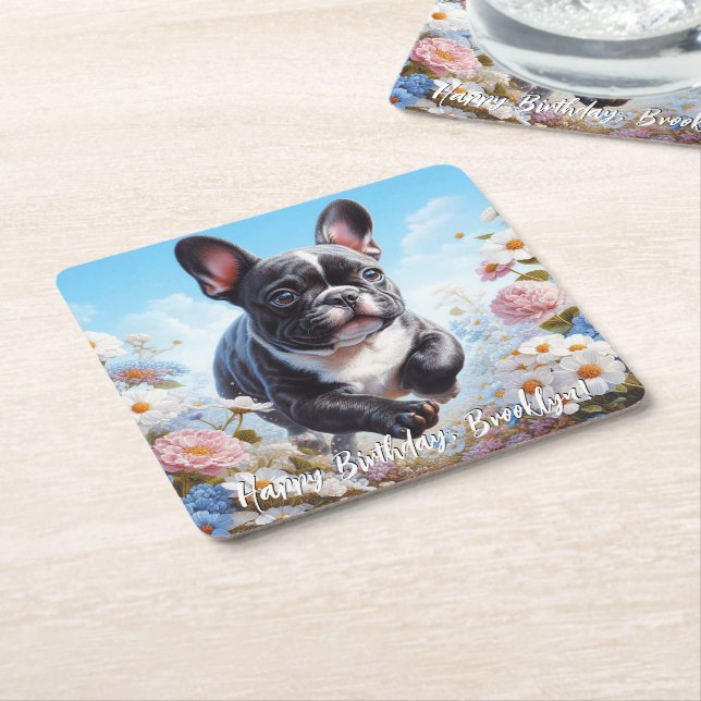 Black & White French Bulldog & Flowers  Square Paper Coaster (Angled)