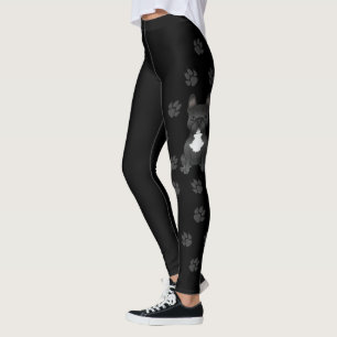 Black & White French Bulldog / Frenchie Dog & Paws Leggings
