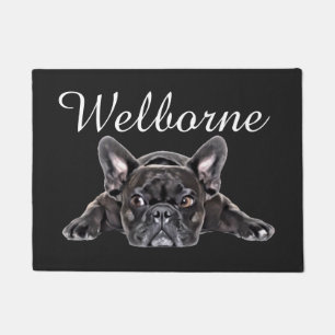 Black White French Bulldog Puppy Drawing Painted Doormat