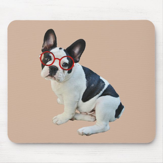 Black & White French Bulldog Wearing Red Glasses Mouse Pad (Front)