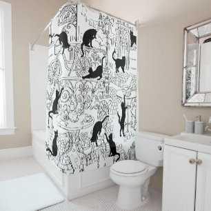 Black & White French Cat Paris Cafe Shower Curtain