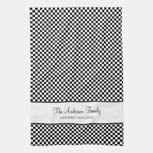 Black White French Plaid Check Country Gourmet Tea Towel (Vertical)