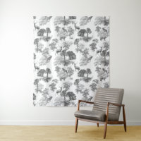 Black White French Toile Deer Fox Forest Pattern